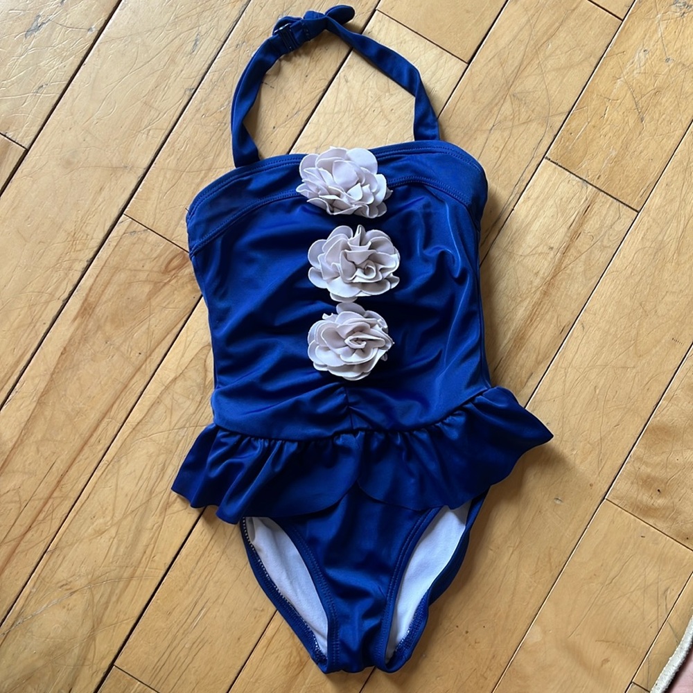 EUC Janie & Jack Little Girls/Toddler Size 3 Swimsuit - Blue Ruffle White Roses